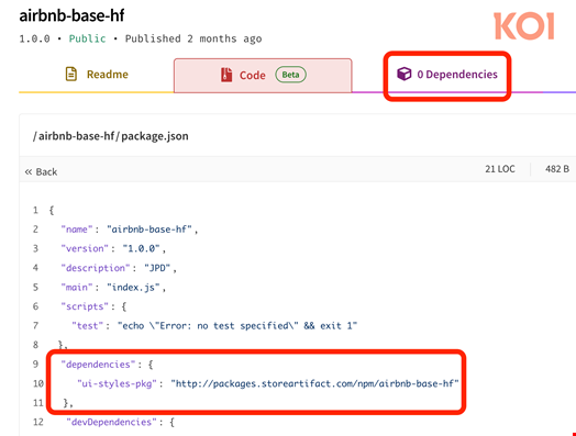 Example of a malicious package part of the PhantomRaven campaign with zero dependencies. Source: Koi Security